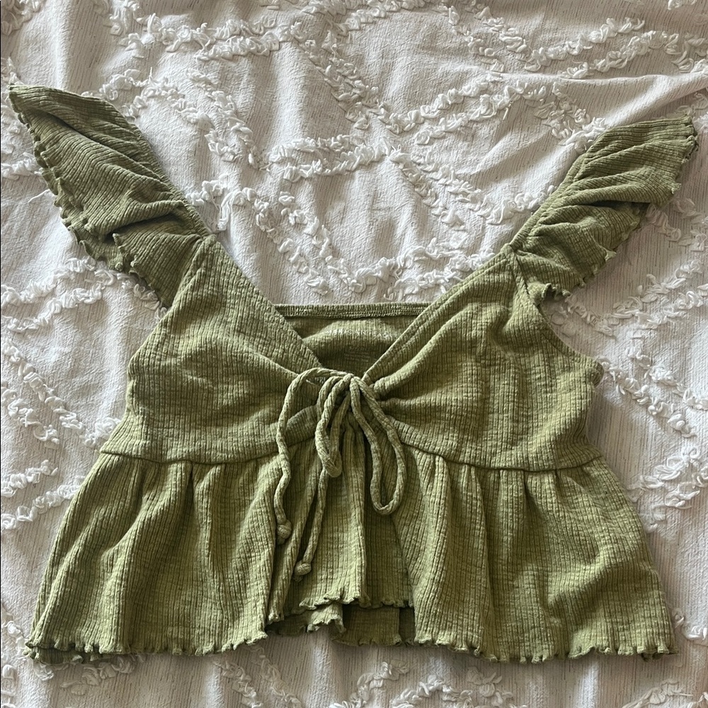 American Eagle Outfitters Sage Green Tie-Front Blouse